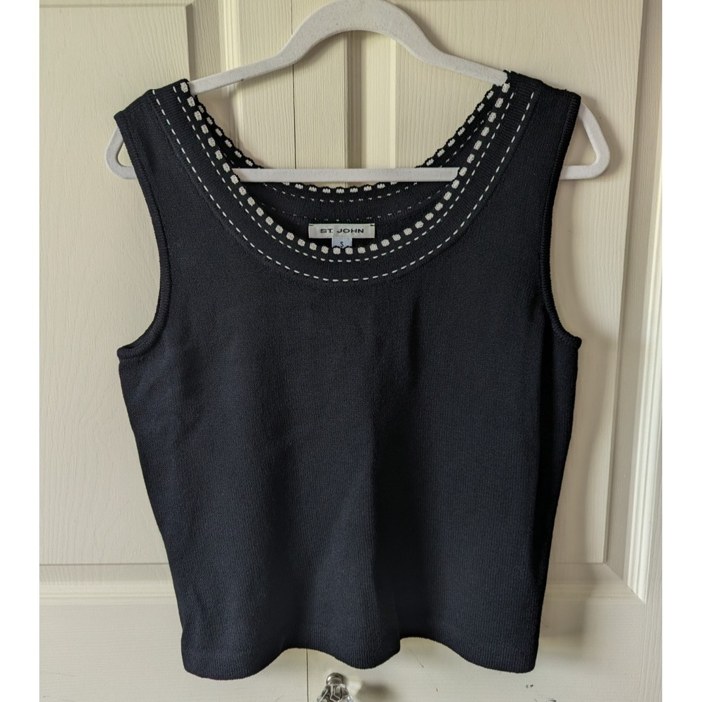 St John Santana Knit Tank Top Sz S Black White Trim Sleeveless Boxy Shell USA